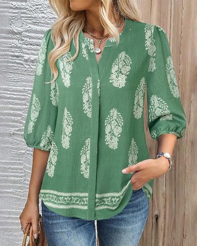 غاهرو نساء الصيف قمم 3/4 نفخة الأكمام V-neck بلوزات غير رسمية بوهو بوهو الأزهار in Kuwait