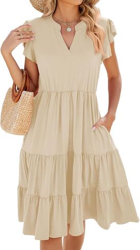 Women's Short Sleeve Cake Dresses V Neck Ruffle Hem Solid Swing Smock Dress Casual Summer Loose Fit Mini Dress in Saudi Arabia