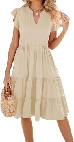 Women's Short Sleeve Cake Dresses V Neck Ruffle Hem Solid Swing Smock Dress Casual Summer Loose Fit Mini Dress in Saudi Arabia