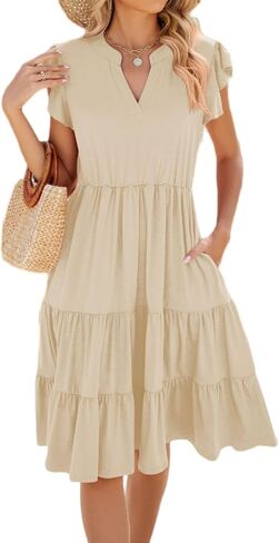 Women's Short Sleeve Cake Dresses V Neck Ruffle Hem Solid Swing Smock Dress Casual Summer Loose Fit Mini Dress in Saudi Arabia