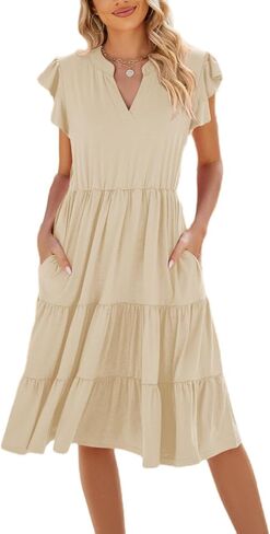Women's Short Sleeve Cake Dresses V Neck Ruffle Hem Solid Swing Smock Dress Casual Summer Loose Fit Mini Dress in Saudi Arabia