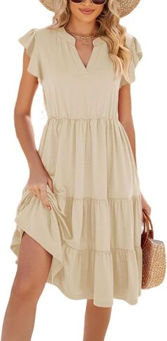 Women's Short Sleeve Cake Dresses V Neck Ruffle Hem Solid Swing Smock Dress Casual Summer Loose Fit Mini Dress in Saudi Arabia