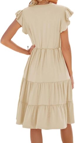 Women's Short Sleeve Cake Dresses V Neck Ruffle Hem Solid Swing Smock Dress Casual Summer Loose Fit Mini Dress in Saudi Arabia