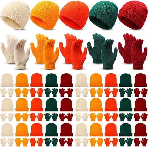 30 Set Kids Winter Beanie and Gloves Bulk Warm Knit Hat Gloves Pack Unisex Cold Weather Hat Cap for Boys Girls Homeless Shelters Supplies Bulk in Kuwait