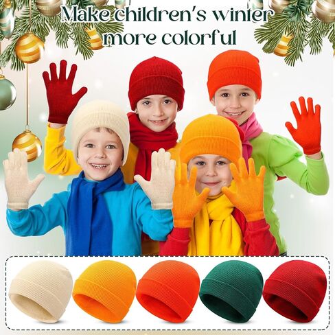 30 Set Kids Winter Beanie and Gloves Bulk Warm Knit Hat Gloves Pack Unisex Cold Weather Hat Cap for Boys Girls Homeless Shelters Supplies Bulk in Kuwait