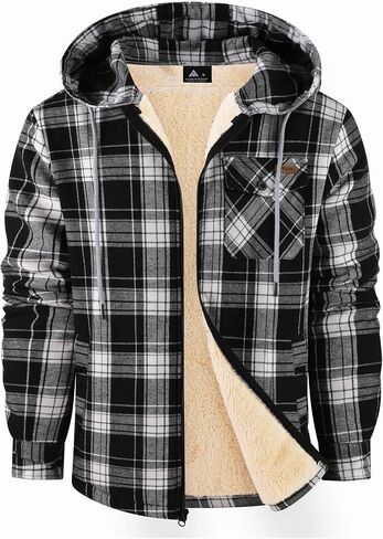 Mens Flannel Hoodies Fleece Full Zip Shirt Jacket Plaid Fall Winter Coat with Hood in Saudi Arabia