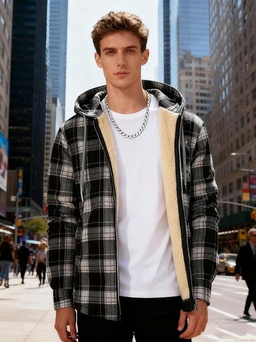 Mens Flannel Hoodies Fleece Full Zip Shirt Jacket Plaid Fall Winter Coat with Hood in Saudi Arabia