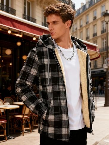 Mens Flannel Hoodies Fleece Full Zip Shirt Jacket Plaid Fall Winter Coat with Hood in Saudi Arabia