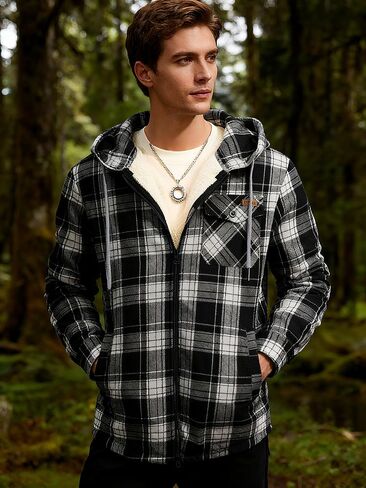 Mens Flannel Hoodies Fleece Full Zip Shirt Jacket Plaid Fall Winter Coat with Hood in Saudi Arabia