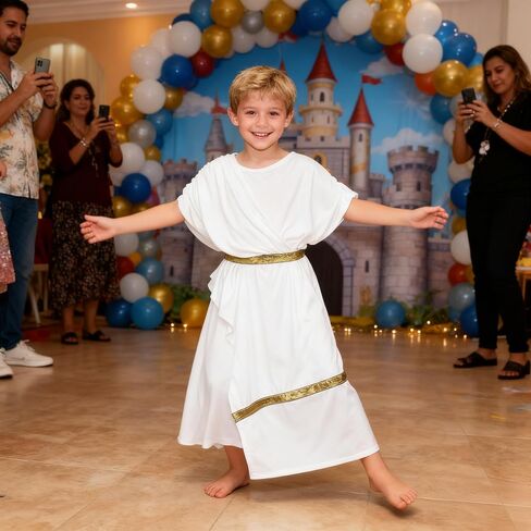 MCJC Greek Toga God Costume for Children, Kids Roman Noble Dress with Gold Belt, White and Red, Halloween Cosplay in Saudi Arabia