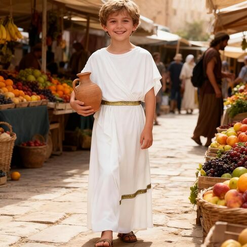 MCJC Greek Toga God Costume for Children, Kids Roman Noble Dress with Gold Belt, White and Red, Halloween Cosplay in Saudi Arabia