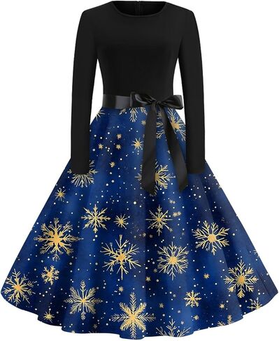 فساتين عيد الهالوين للنساء ، طباعة اليقطين V-tech Long Sleeve Retro A Line Dresses 2025 Fall Cocktail للحفلة مع حزام in Kuwait