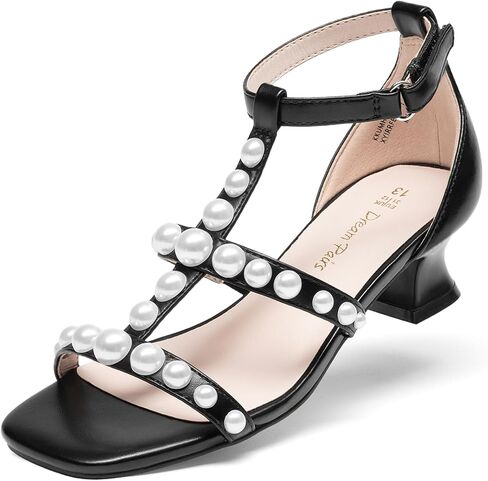 DREAM PAIRS Girls Sandals Ankle Strap T-Strap Low Heel Pearl Flower Pump Dress Wedding Party Square Toe Shoes for Little Kid/Big Kid in Saudi Arabia