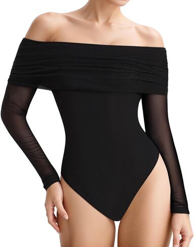 MANGOPOP Women's Off The Shoulder Long Sleeve Bodysuit Sexy Sheer Mesh Top Double Lined Body Suits Fall Outfit 2025 in Saudi Arabia