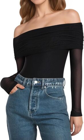 MANGOPOP Women's Off The Shoulder Long Sleeve Bodysuit Sexy Sheer Mesh Top Double Lined Body Suits Fall Outfit 2025 in Saudi Arabia