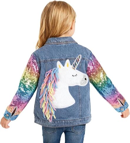 سترة WELAKEN Unicorn Jean للفتيات والأطفال الصغار بأكمام لامعة، سترات من قماش الدنيم للفتيات مناسبة للربيع in Kuwait