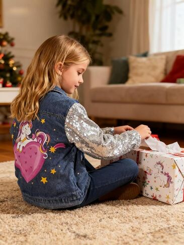 سترة WELAKEN Unicorn Jean للفتيات والأطفال الصغار بأكمام لامعة، سترات من قماش الدنيم للفتيات مناسبة للربيع in Kuwait