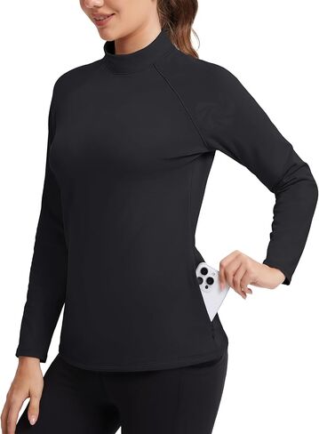 MAGCOMSEN Women's Mock Turtneck Thermal Shirts Long Sleeve Fleece Lined Zipper Pockets Athletic Base Layers in Kuwait