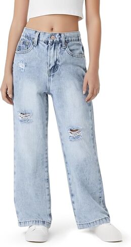 PATPAT Girls Wide Leg Jeans Size 4-14 Years Elastic Waist Ultra Stretch Baggy Jeans with Pockets in Saudi Arabia
