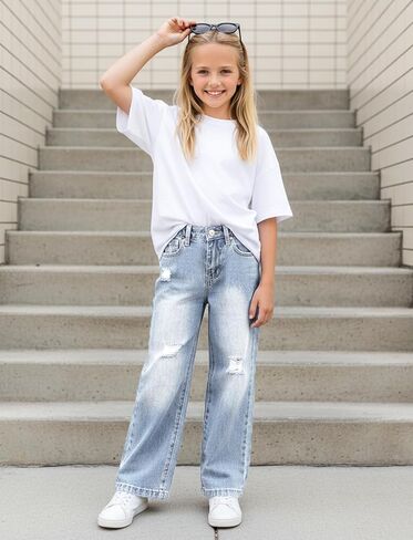 PATPAT Girls Wide Leg Jeans Size 4-14 Years Elastic Waist Ultra Stretch Baggy Jeans with Pockets in Saudi Arabia