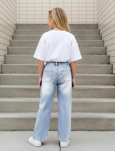 PATPAT Girls Wide Leg Jeans Size 4-14 Years Elastic Waist Ultra Stretch Baggy Jeans with Pockets in Saudi Arabia