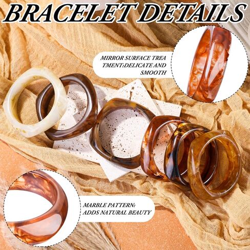 Quelay 6 PCS Color Square Acrylic Resin Bangle Bracelet Vintage Wide Tortoiseshell Lristbands Cuff Cuff in Saudi Arabia