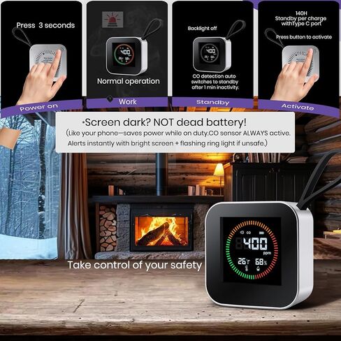 3-in-1 Portable Carbon Monoxide Detector | UL-Compliant CO Detector, Temp, Humidity Monitor for Travel, Camping, RV | USB-C Rechargeable (1, Orange) in Saudi Arabia