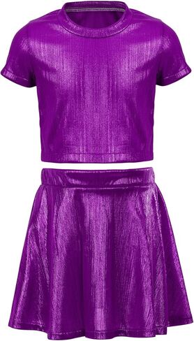 Happy Cherry Girls Metallic Tops Short Sleeve Crewneck Shiny Tees Shirt + Skirts for Dance in Saudi Arabia
