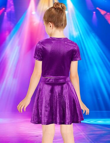 Happy Cherry Girls Metallic Tops Short Sleeve Crewneck Shiny Tees Shirt + Skirts for Dance in Saudi Arabia