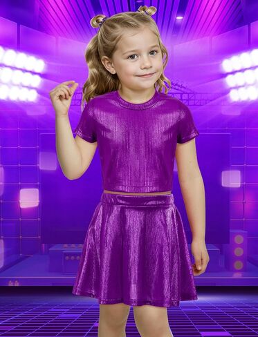 Happy Cherry Girls Metallic Tops Short Sleeve Crewneck Shiny Tees Shirt + Skirts for Dance in Saudi Arabia