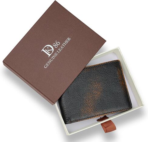 DK86 Wallet للرجال Slim RFID BIFOLD GEALINE LEATHY 2 WINDOW مع صندوق هدية (بني أسود مع العلم) in Kuwait