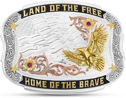 Montana Silversmiths Rope Trimmed Filigree Engraved Classic Oval Western Buckle (American Flag Silver) in Saudi Arabia