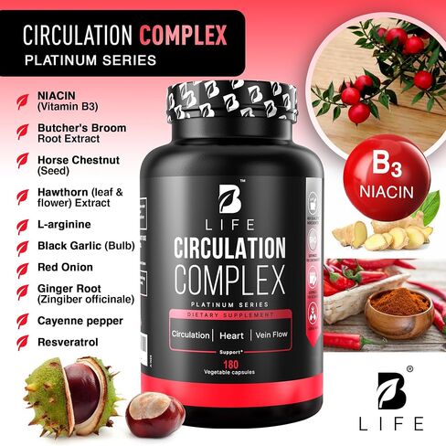Circulation Support Supplement for Vein & Artery Health | Vascular Support with L-Arginine, Horse Chestnut & Butcher’s Broom | Promotes Healthy Leg Circulation & Vein Function | 60 Capsules in Kuwait