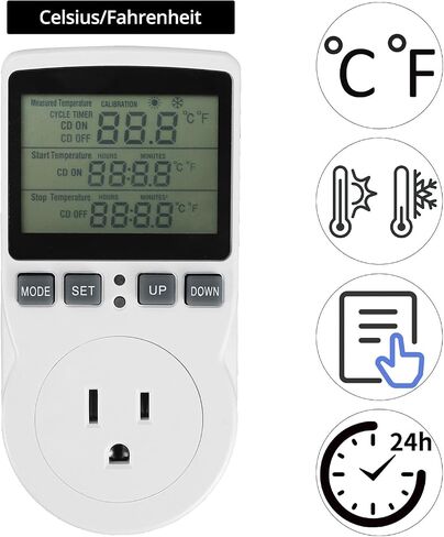 QWORK Digital Thermostat Outlet Plug Temperature Controller Socket - 120V, 15A Max, Heating Cooling Control, No Back Light in Kuwait