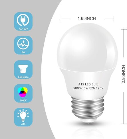 مصباح ثلاجة LED المصباح 2 حزمة ， ضوء النهار الأبيض 5000K 120 فولت 40W لمبة الأجهزة المكافئة ， A15 5W E26 قاعدة الثلاجة المائية للماء للإضاءة المنزل الفريزر ، لمبة كهربائية صغيرة ، غير قابلة للضغط in Kuwait