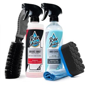 REV Auto Complete Wheel Cleaning Kit - 5 Item Car Washing Kit Includes Car Wheel and Tire Cleaner, Wheel Brush, Tire Shine, Tire Shine Applicator, and Drying Towel/Works for All Wheels & Tires
