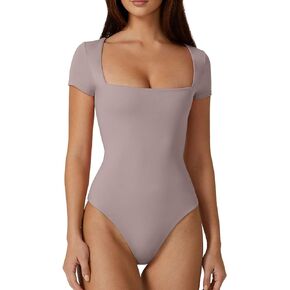 QINSEN Women's Square Neck Short Sleeve Bodysuit Sexy Body Suit Tops Double Lined Shirts