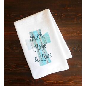 Bathroom Hand Towel - Faith, Hope, and Love Turquoise Cross - Kitchen Dish Towel