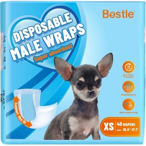 Bestle Male Dog Wrap, Disposable Dog Diapers, 40 Count, S (Waist 16.5"-19.7"), Wetness Indicator, Ultra Protection, Leak Proof, Super Absorbent, Soft
