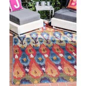 Unique Loom Outdoor Modern Collection Area Rug - Ikat (5' 3" x 8' Rectangle, Multi/ Burgundy)