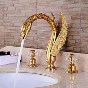 Golden Black Ornate Swan Style Bathroom Sink Faucet Combo Deck Mount Sink Mixer Tap Set Hot Cold Water