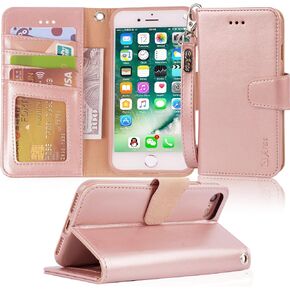 Arae Case for iPhone SE 2022 / iPhone SE 2020 / iPhone 8 / iPhone 7, Wallet Case with Card Holder PU Leather Flip Cover, Rose Gold
