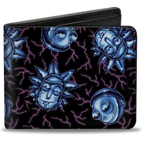 Buckle-Down Rick and Morty Wallet, Bifold, Rick and Morty Electric Faces Black Blues, Vegan Leather