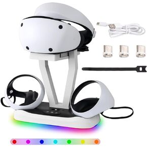 محطة شحن وحدة التحكم PSVR2 مع ضوء RGB، قاعدة شحن مزدوجة سريعة مع مؤشر LED، حامل عرض سماعة الرأس وحامل وحدة التحكم، موصل مغناطيسي، كابل USB إلى النوع C in Kuwait