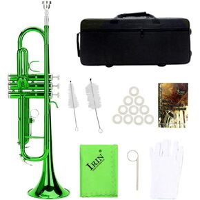 Trumpet Flat Brass colored Exquisite Durable Musical Instrument with Assistant Tools Set (Green)