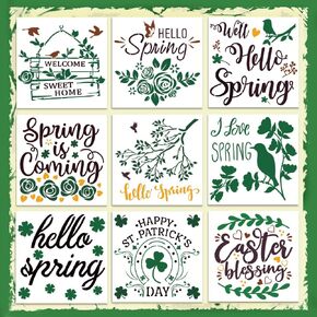 9 Pieces Spring Flowers Stencils for Painting on Wood, 8×8 Inch Easter Plastic Stencil Birds Trees Painting Stencils Greeting Words Reusable Stencil Drawing Template for Home Decor