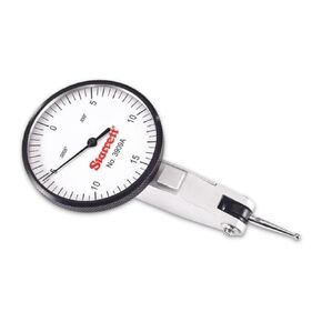 Starrett Dial Test Indicator with Dovetail Mount, Two Dovetail Clamps and Case - 1-9/16" White Dial Face, 030" Range, 0-15-0 Dial Reading, 0005" Graduations - 3909A