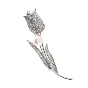 Tulip Flower Brooch for Women | Cultured Freshwater Pearl Brooch | White Gold Tone