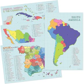 Spanish Language Country Maps for the Classroom - Spain, Mexico, Central America/Caribbean, & South America - Set of 4, 12 x 18 Inches