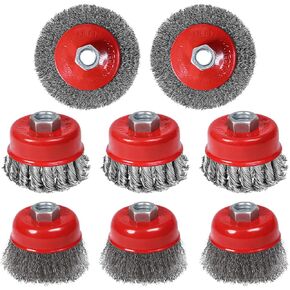 8Pack Wire Wheel Cup Brush Set, 3&4 Inch Twisted Knotted & Coarse Crimped Wire Wheel Brush for 4 1/2 Angle Grinders, 5/8 -11 Inch Threaded Arbor, Heavy Cleaning Rust Stripping Abrasive